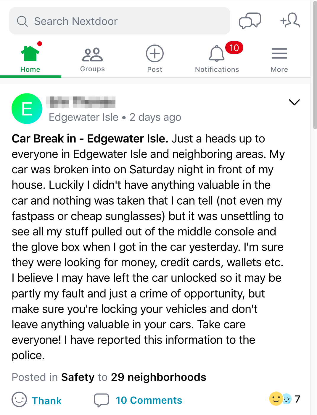car break-in at Edgewater Isle