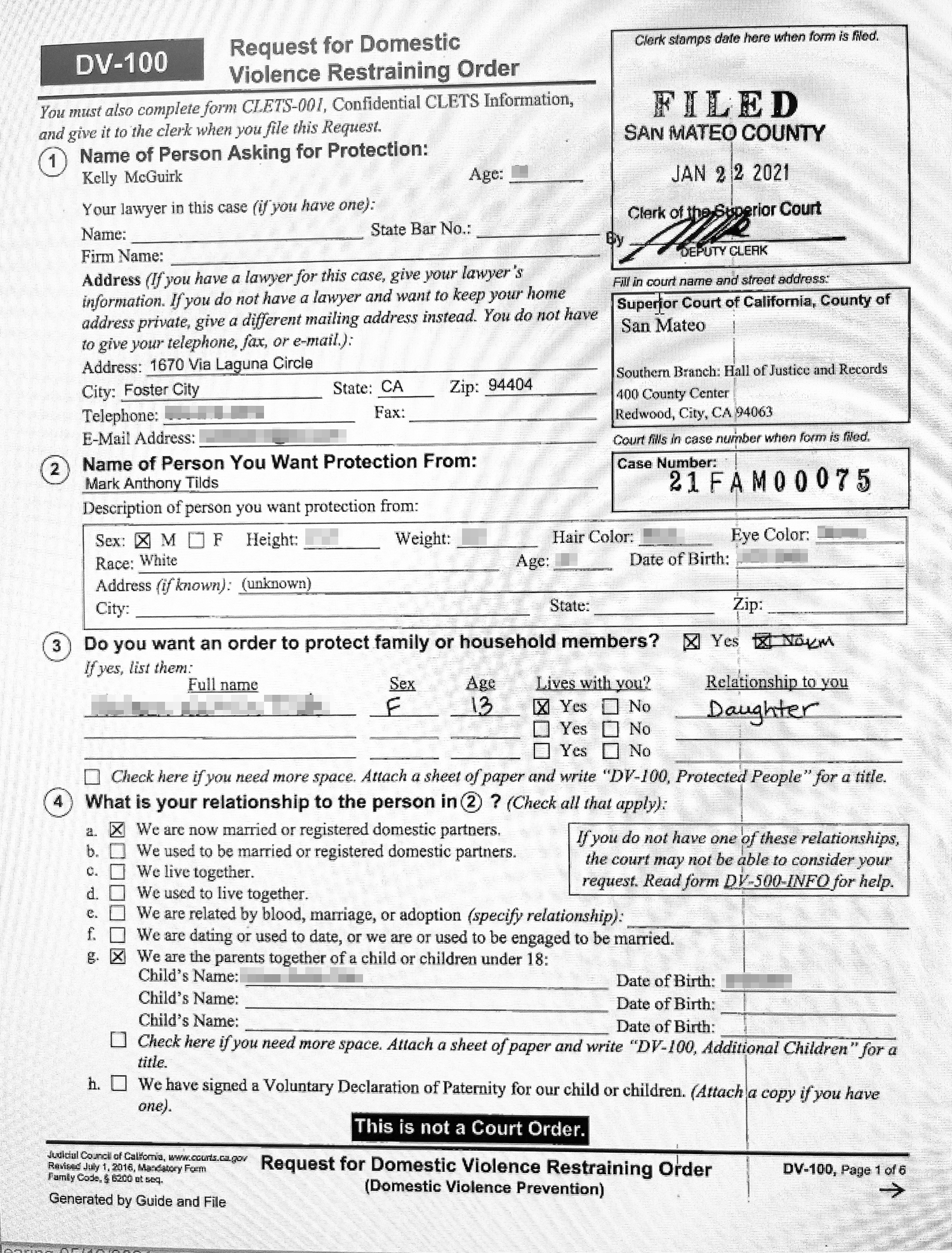 Kelly McGuirk files for a restraining order against Mark Tilds, lists incorrect address