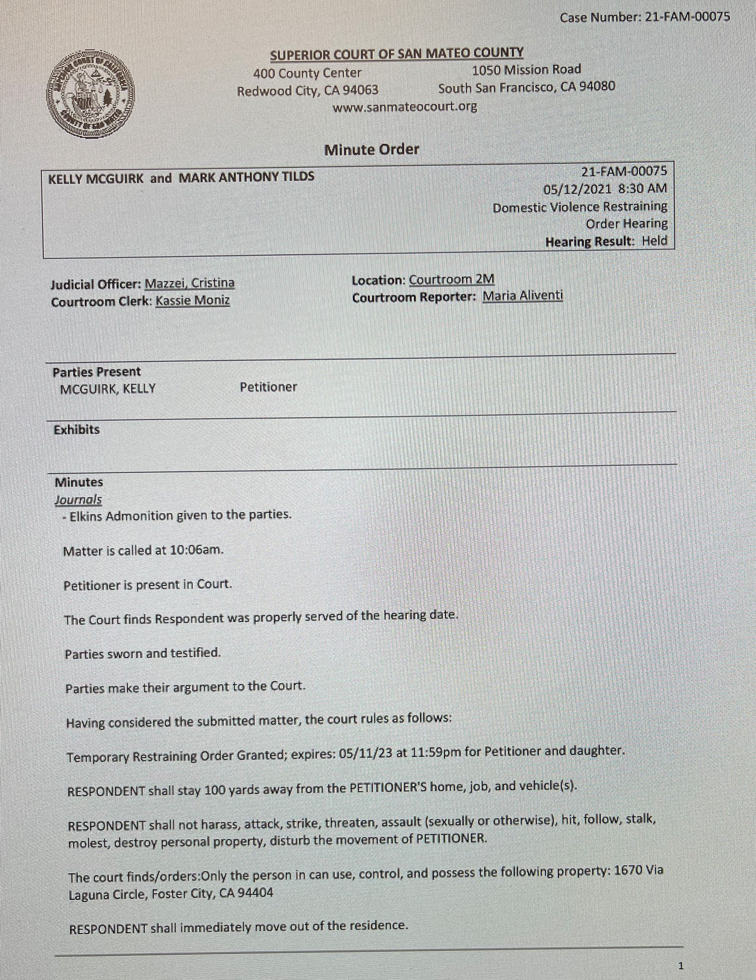 Court grants Kelly McGuirk's request for restraining order against Mark Tilds