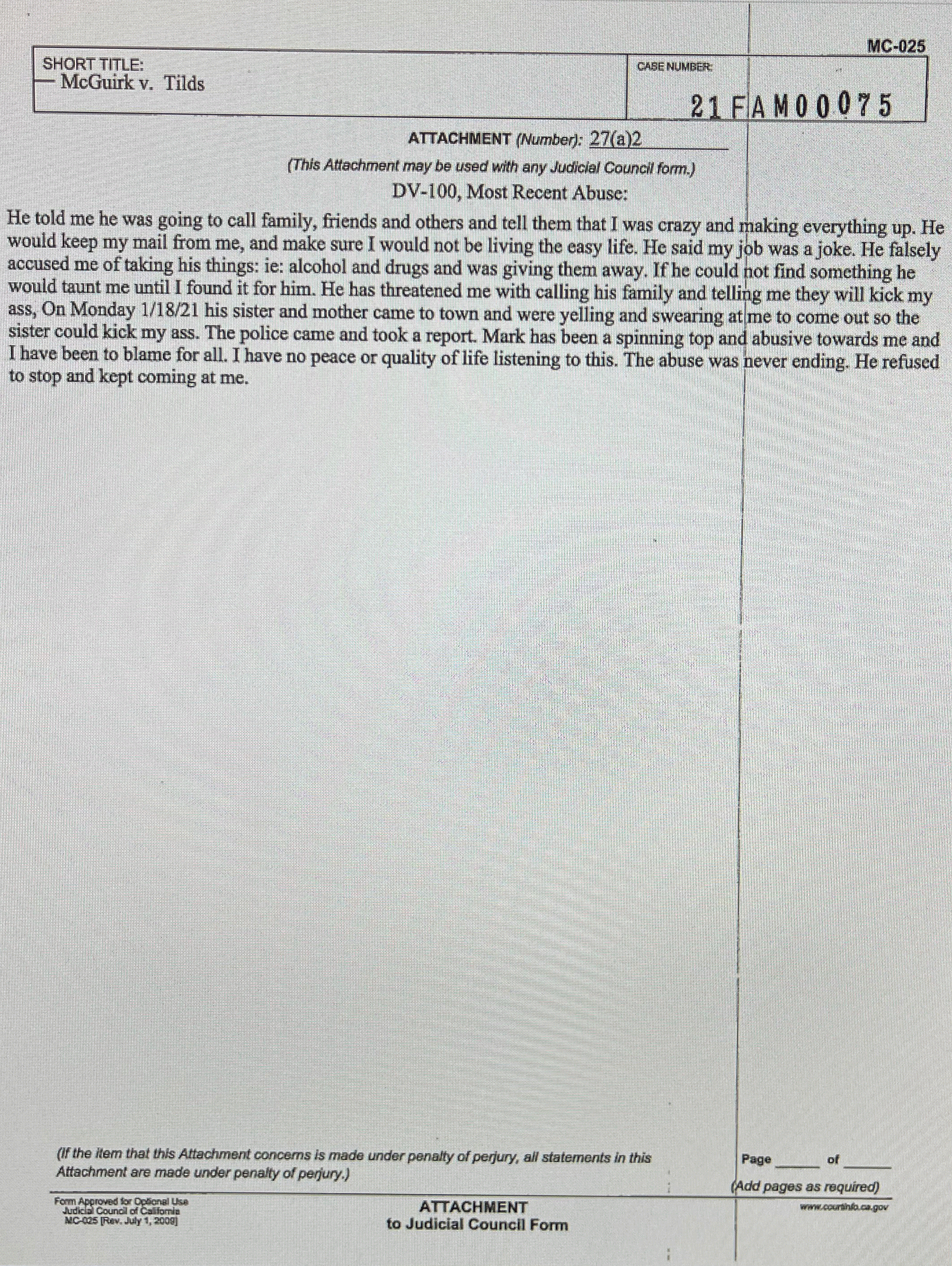 Kelly McGuirk describes Mark Tilds saying that he would call his family and telling her they were going to come kick her ass