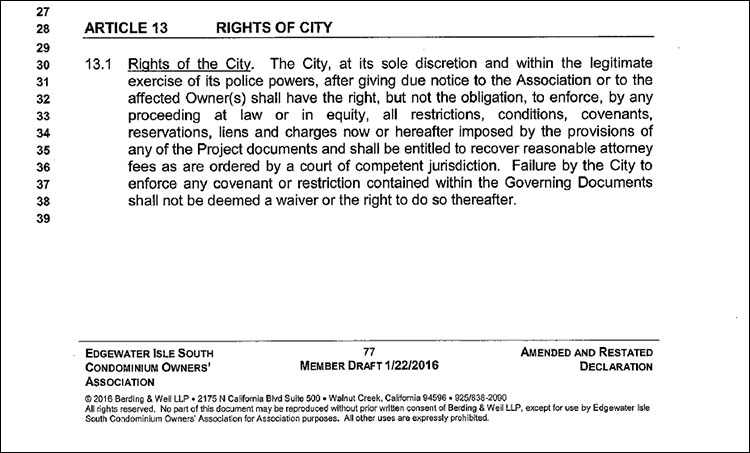 VOTE NO ON PROPOSED CC & R CHANGES AT EDGEWATER ISLE