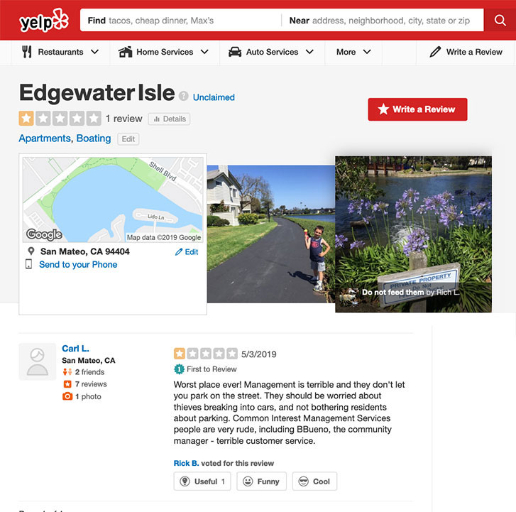 Edgewater Isle gets a poor review on Yelp.com