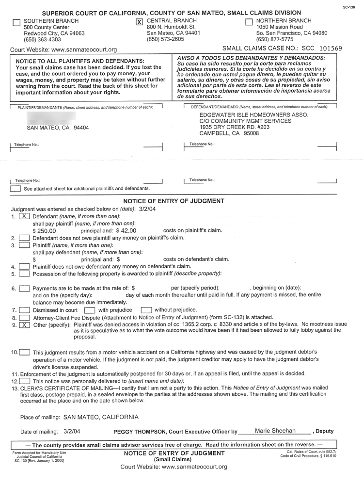 Judgment against Edgewater Isle Homeowners Association