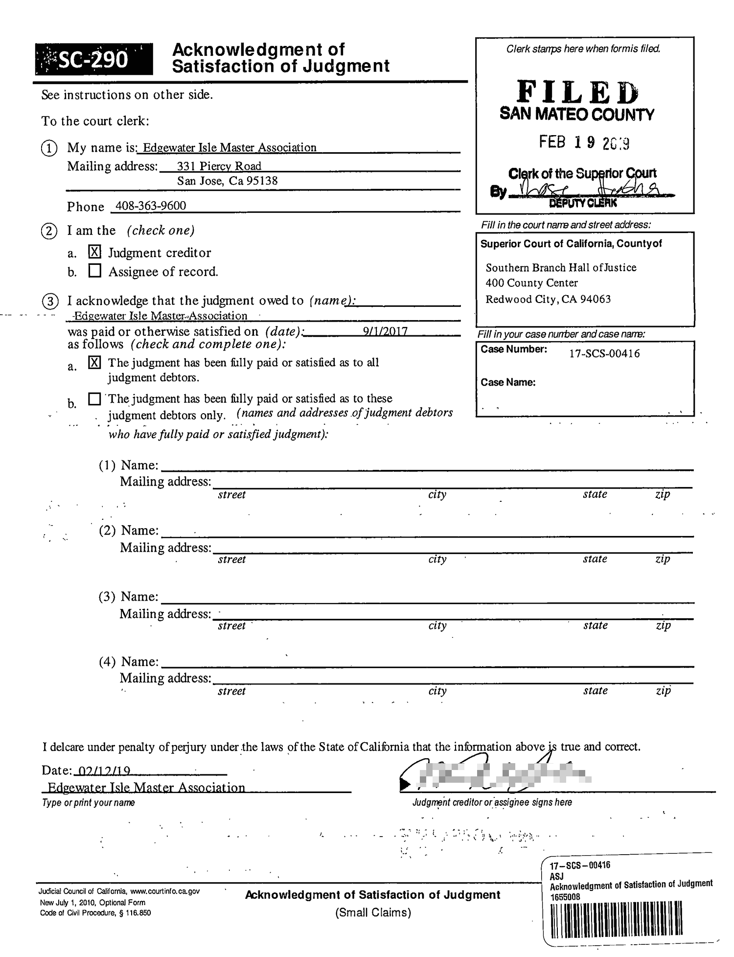 small claims judgment against 1628 vista del sol paid in full