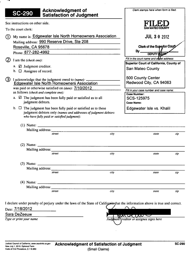 Edgewater Isle North Association collects a small claims judgment for unpaid dues