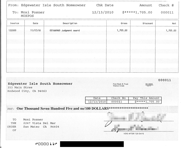 Edgewater Isle South check for payment of small claims case that Association lost