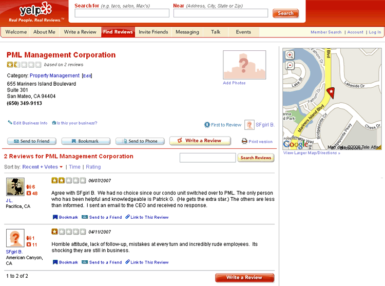 A review from Yelp of PML Management