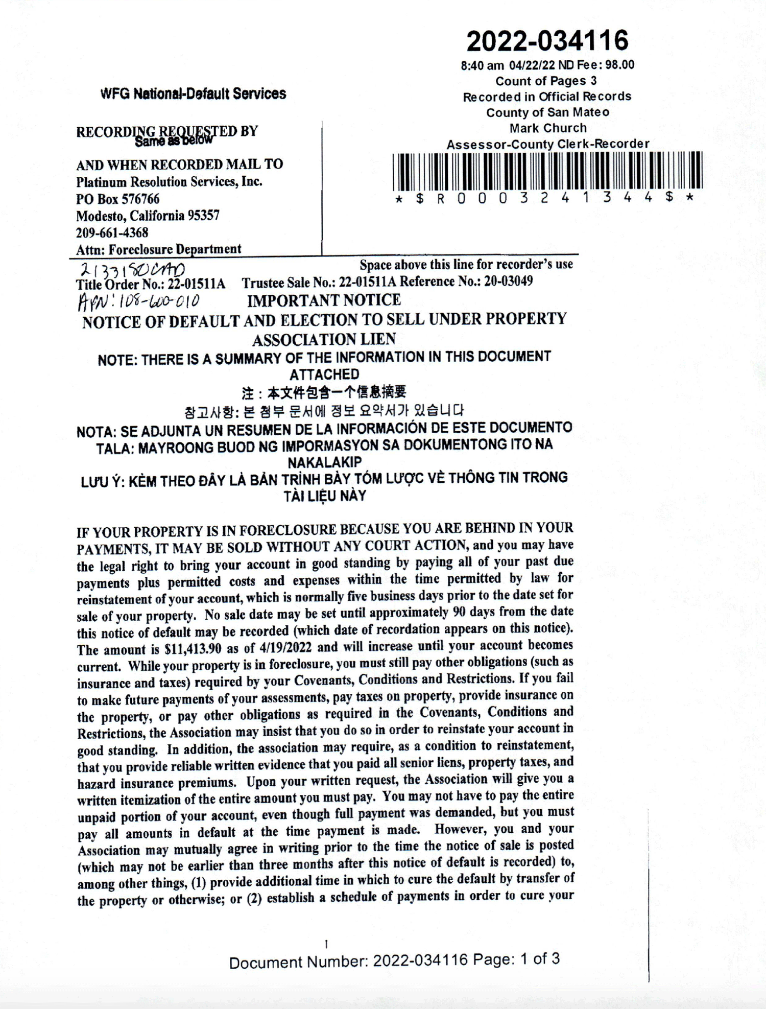 Edgewater Isle Master Association begins foreclosure action on 1628 Vista Del Sol, San Mateo