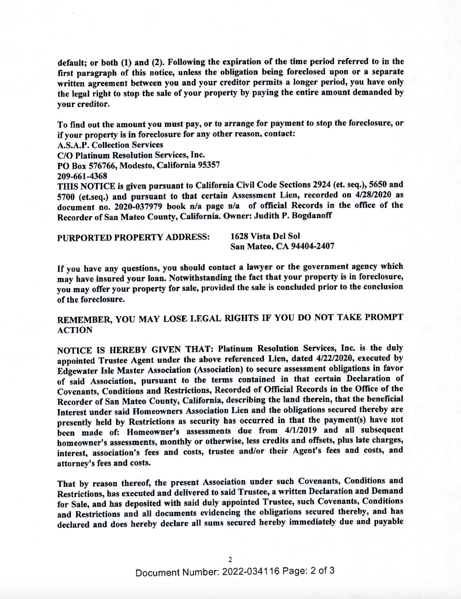 Edgewater Isle Master Association begins foreclosure action on 1628 Vista Del Sol, San Mateo