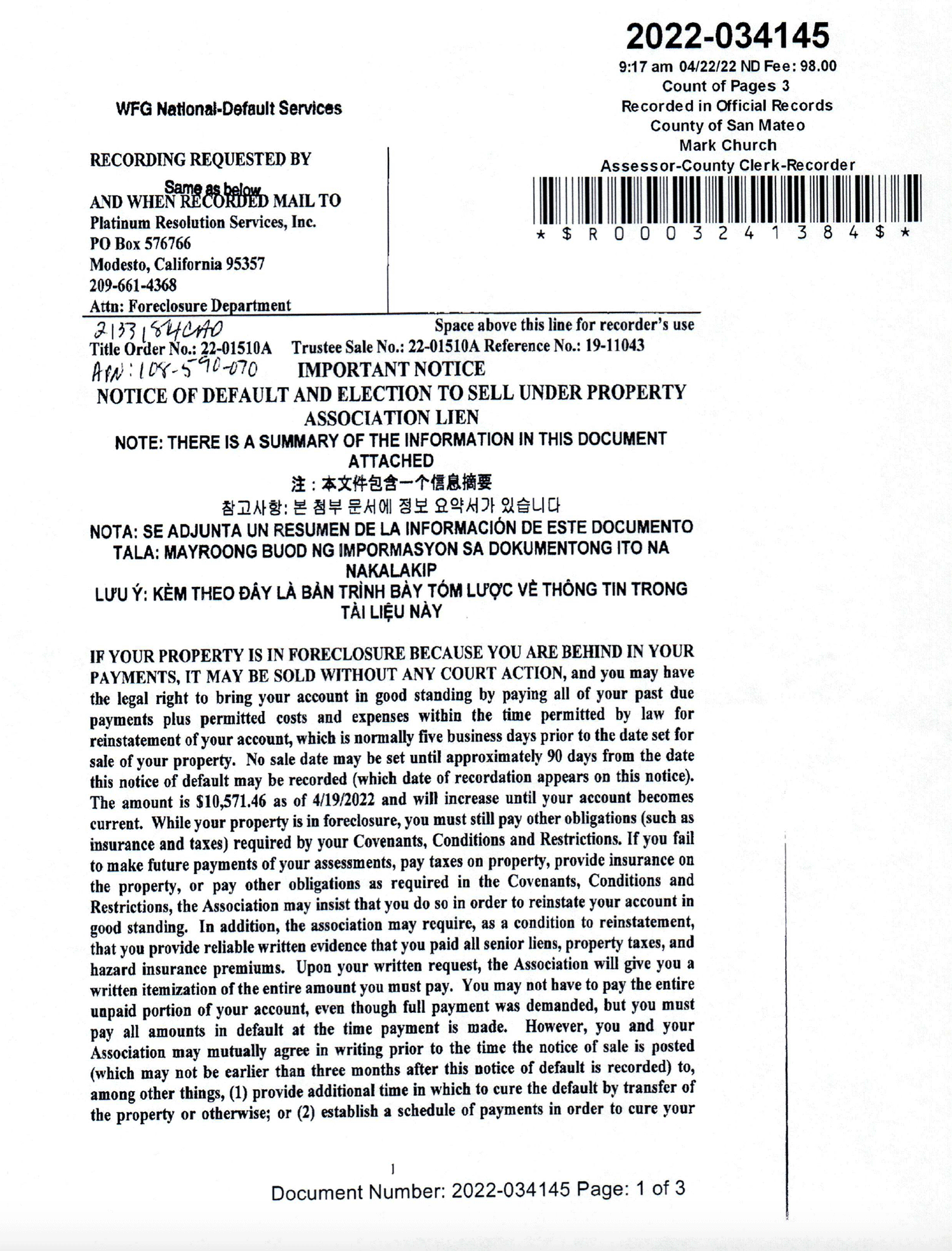Edgewater Isle Master Association begins foreclosure action on 1664 Vista Del Sol, San Mateo