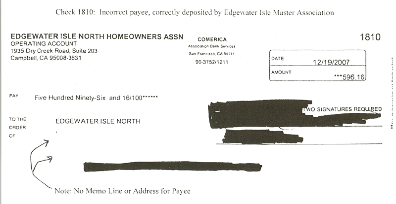 Edgewater Isle North Homeowners Association check 1810