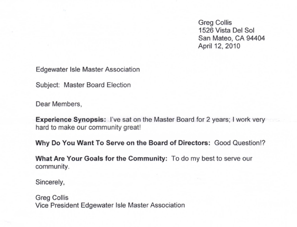 Greg Collis candidacy statement for Edgewater Isle Master board of directors
