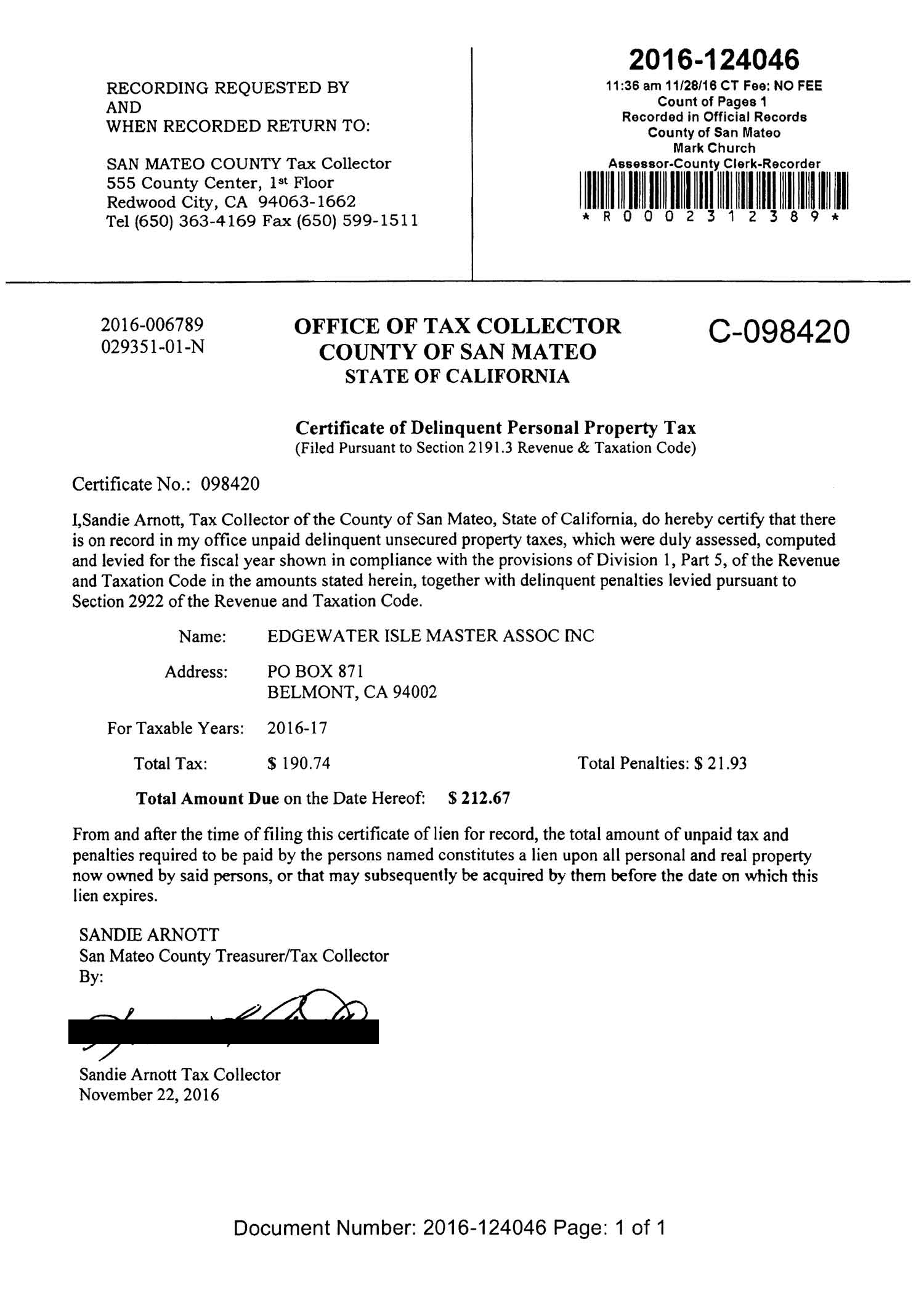 Edgewater Isle Master Association 2016 lien by San Mateo County