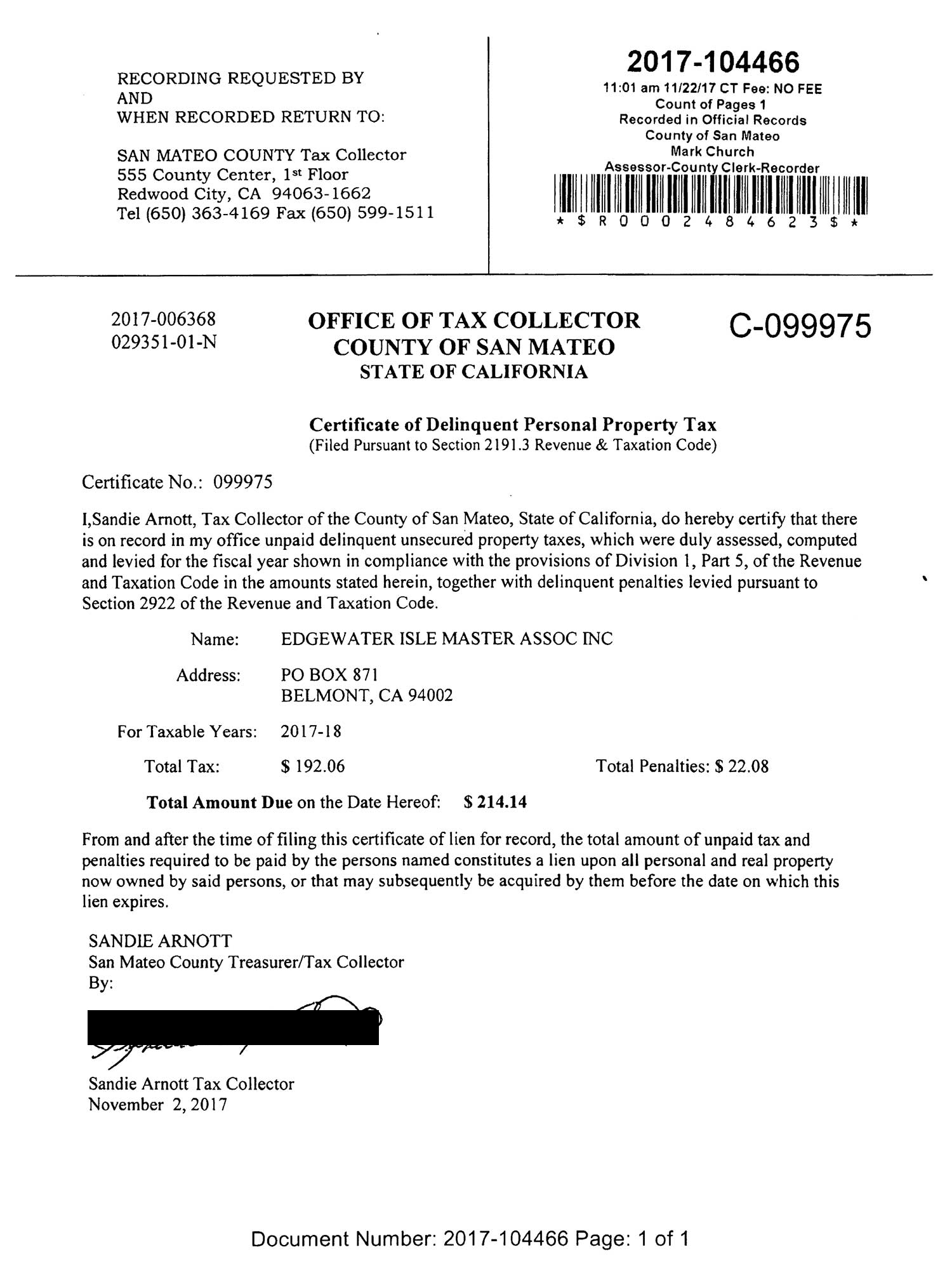 Edgewater Isle Master Association 2017 lien by San Mateo County