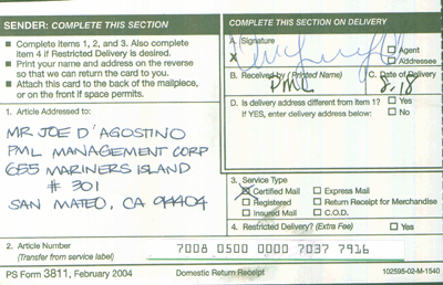 Certified mail receipt to PML Management for Edgewater Isle Master Association petition to change bylaws