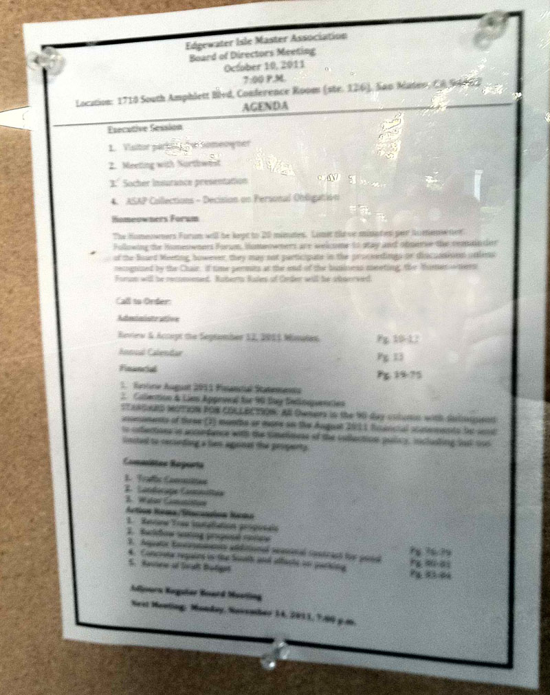 Edgewater Isle Master HOA agenda for September 2011.  Association was suspended by Secretary of State when this meeting occurred.