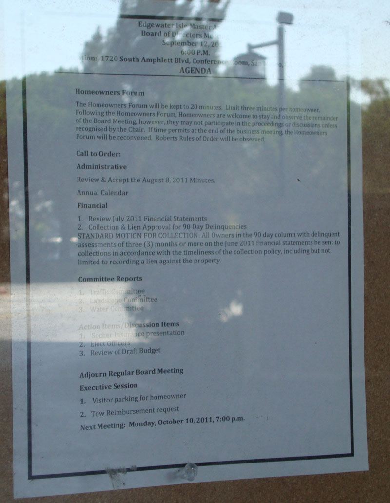 Edgewater Isle Master HOA agenda for September 2011. Association was suspended by Secretary of State when this meeting occurred.