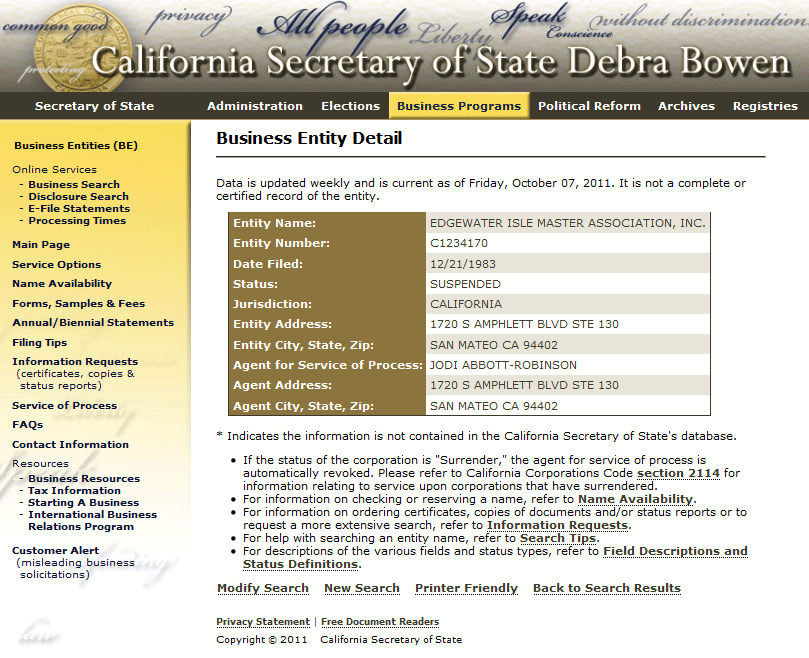 Edgewater Isle Master HOA suspended by California Secretary of State