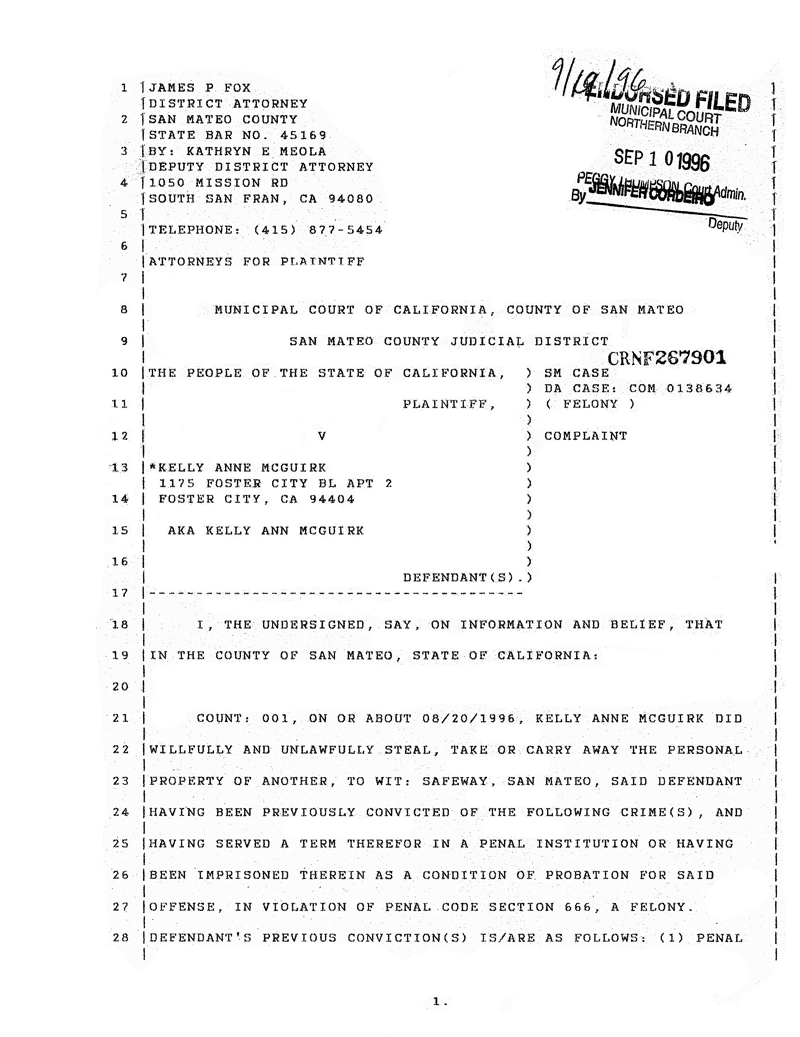 Criminal complaint: People v Kelly McGuirk