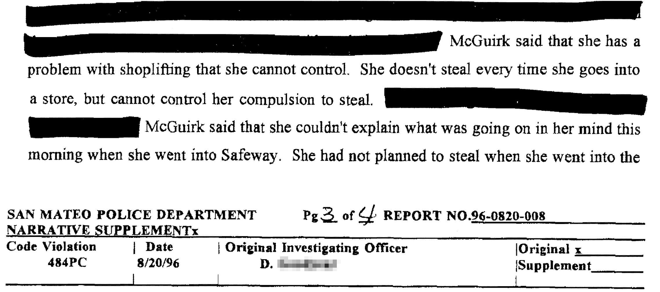 excerpt from Kelly McGuirk's 1996 police report when she shoplifted
