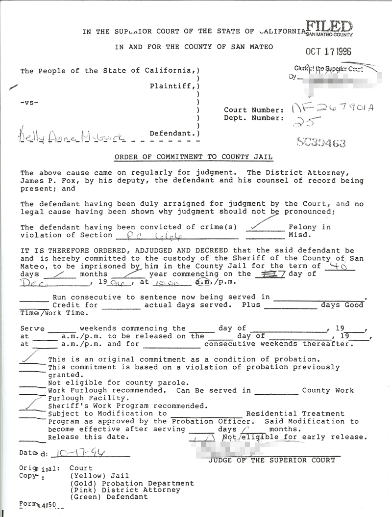 Kelly McGuirk order of commitment to jail