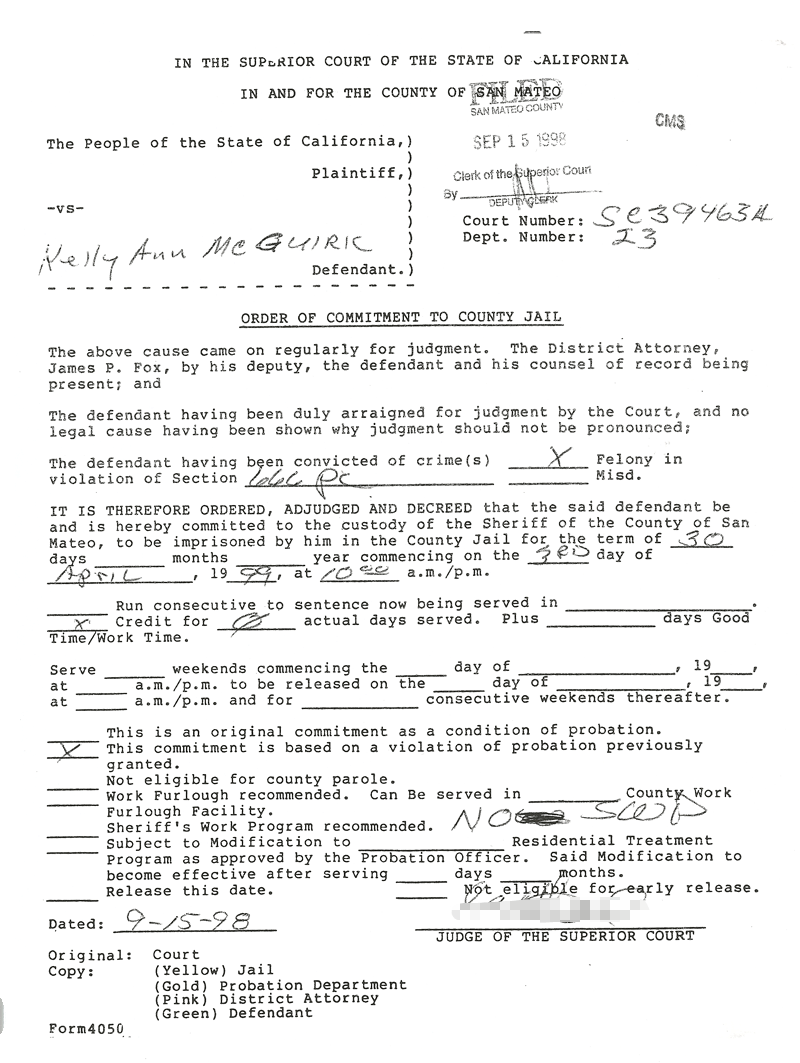 Commitment to county jail signed by judge