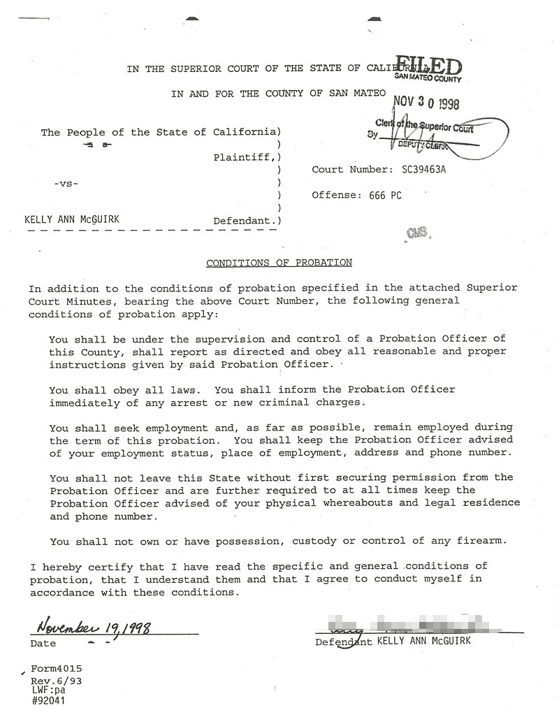 Conditions of probation signed by Kelly McGuirk after violation of probation