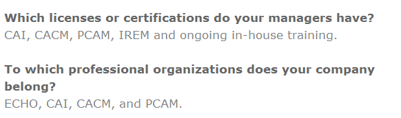 Community Management Services claims licenses and certifications for managers