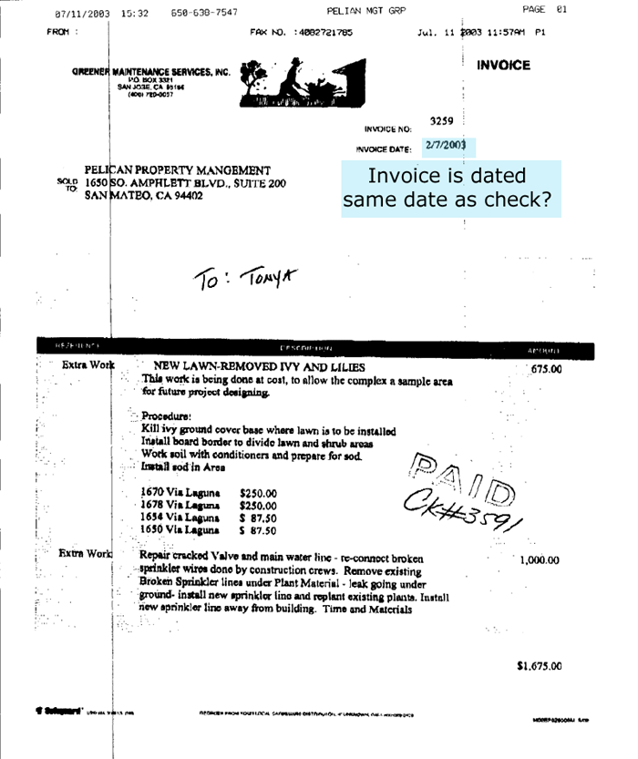 Edgewater Isle landscaping invoice is dated same day as check for payment. Fraud occuring here.