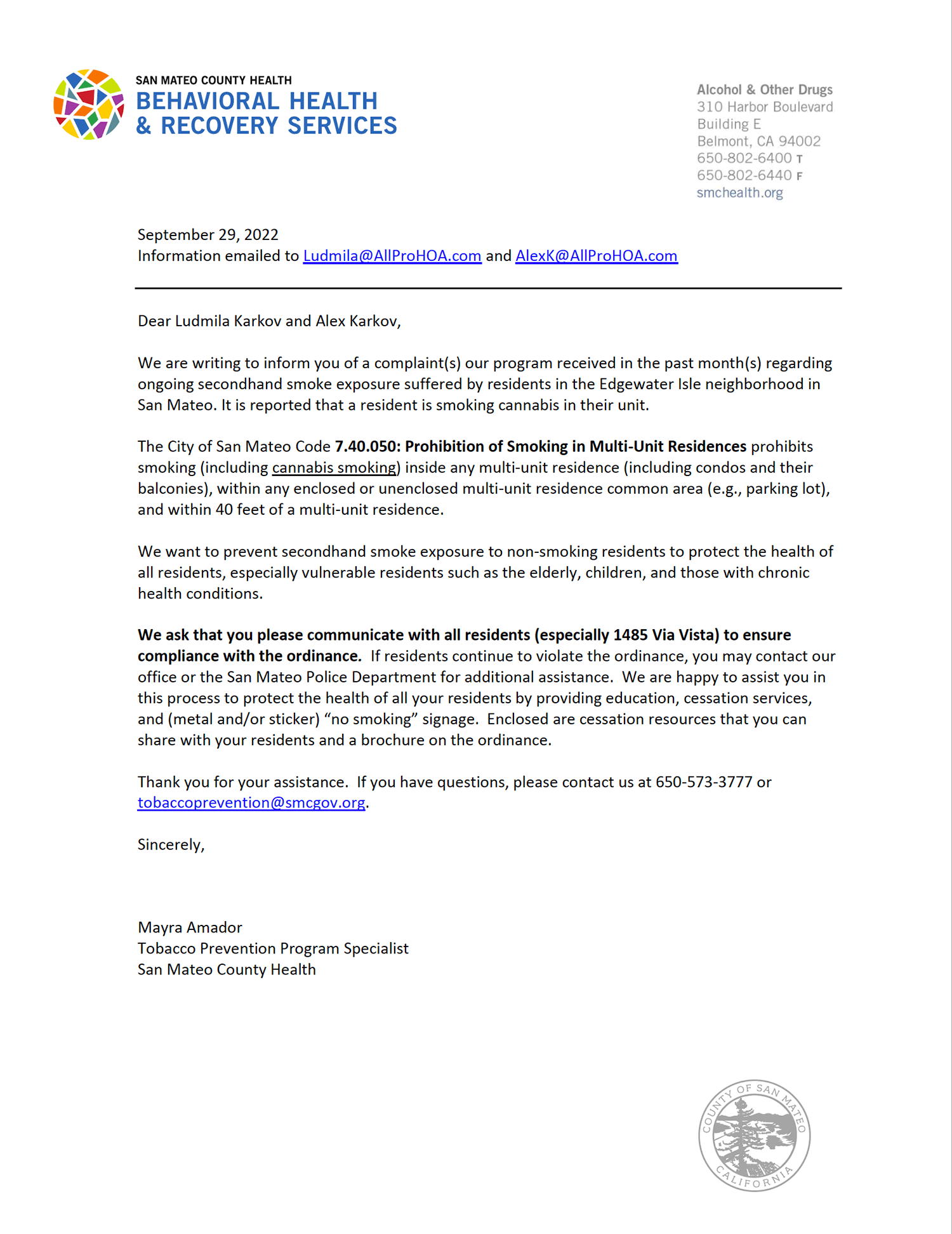 Letter from San Mateo County to Edgewater Isle management company