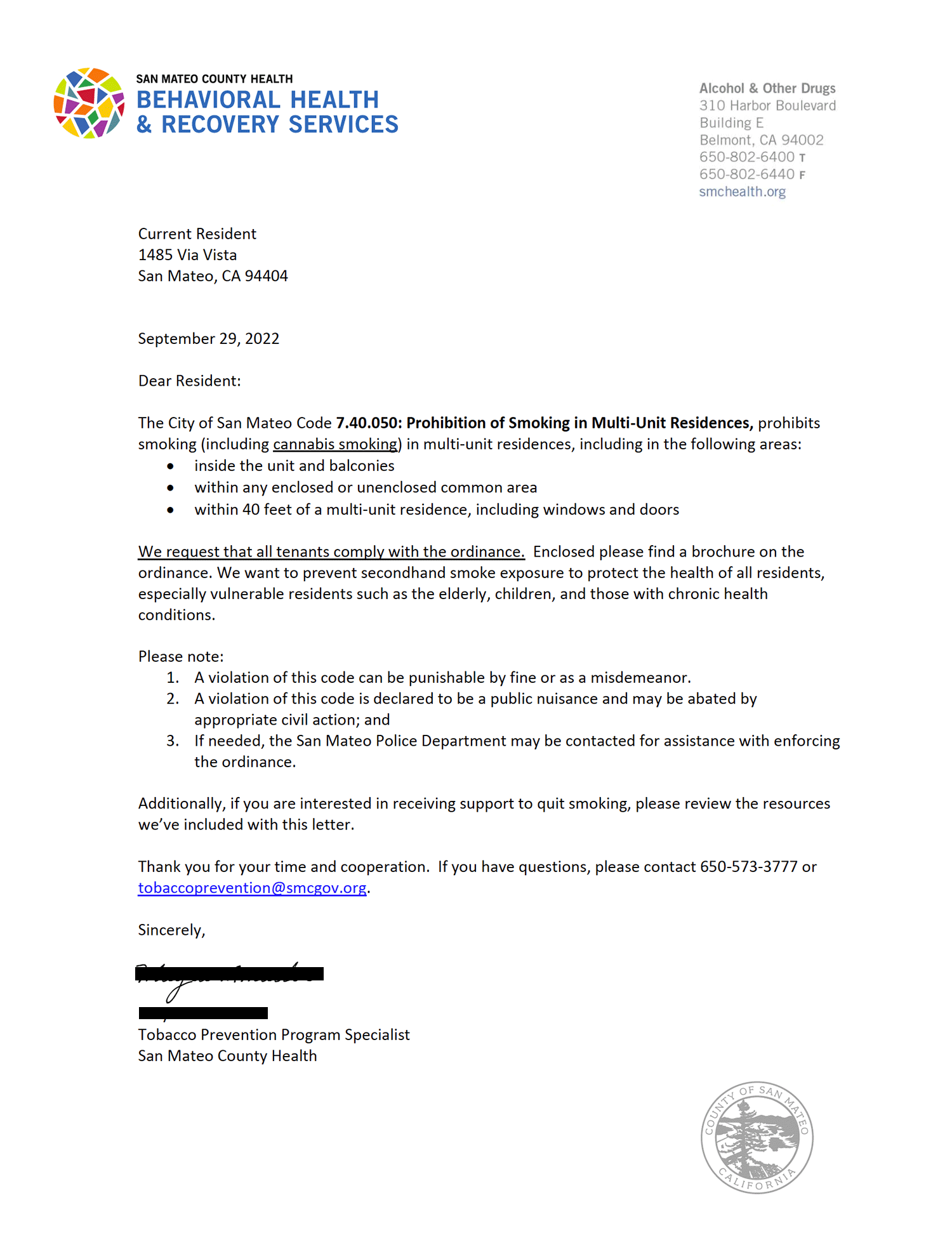 Letter from San Mateo County to residents of 1485 Via Vista regarding smoking