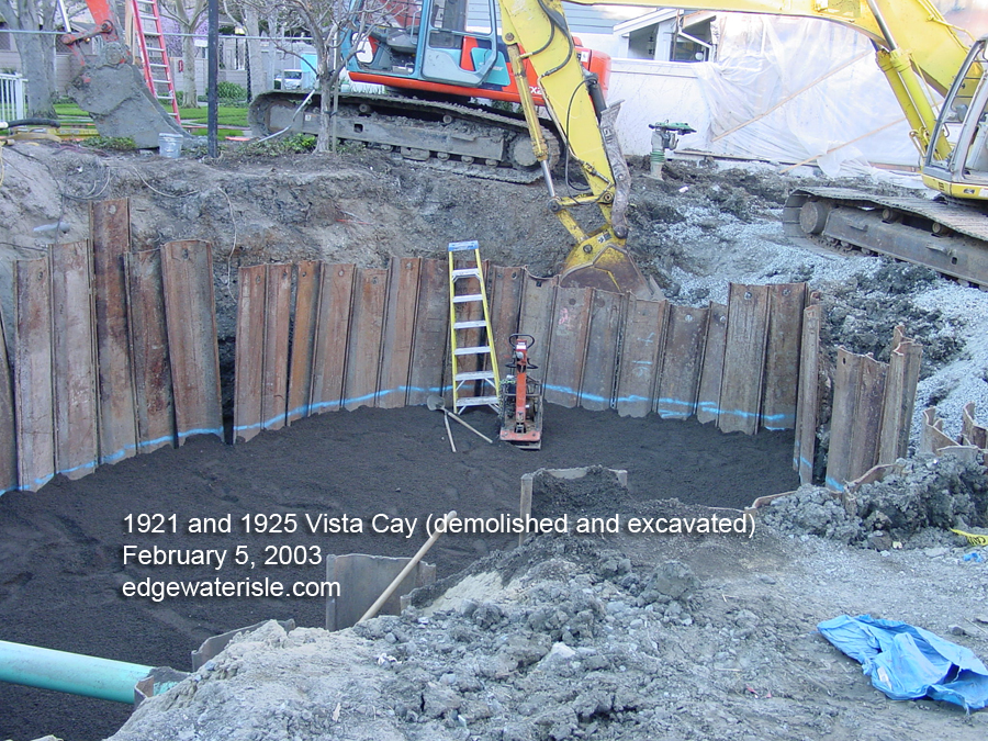 Garages at 1921 and 1925 Vista Cay in Edgewater Isle were demolished and excavated -- i.e., they don't exist at this point