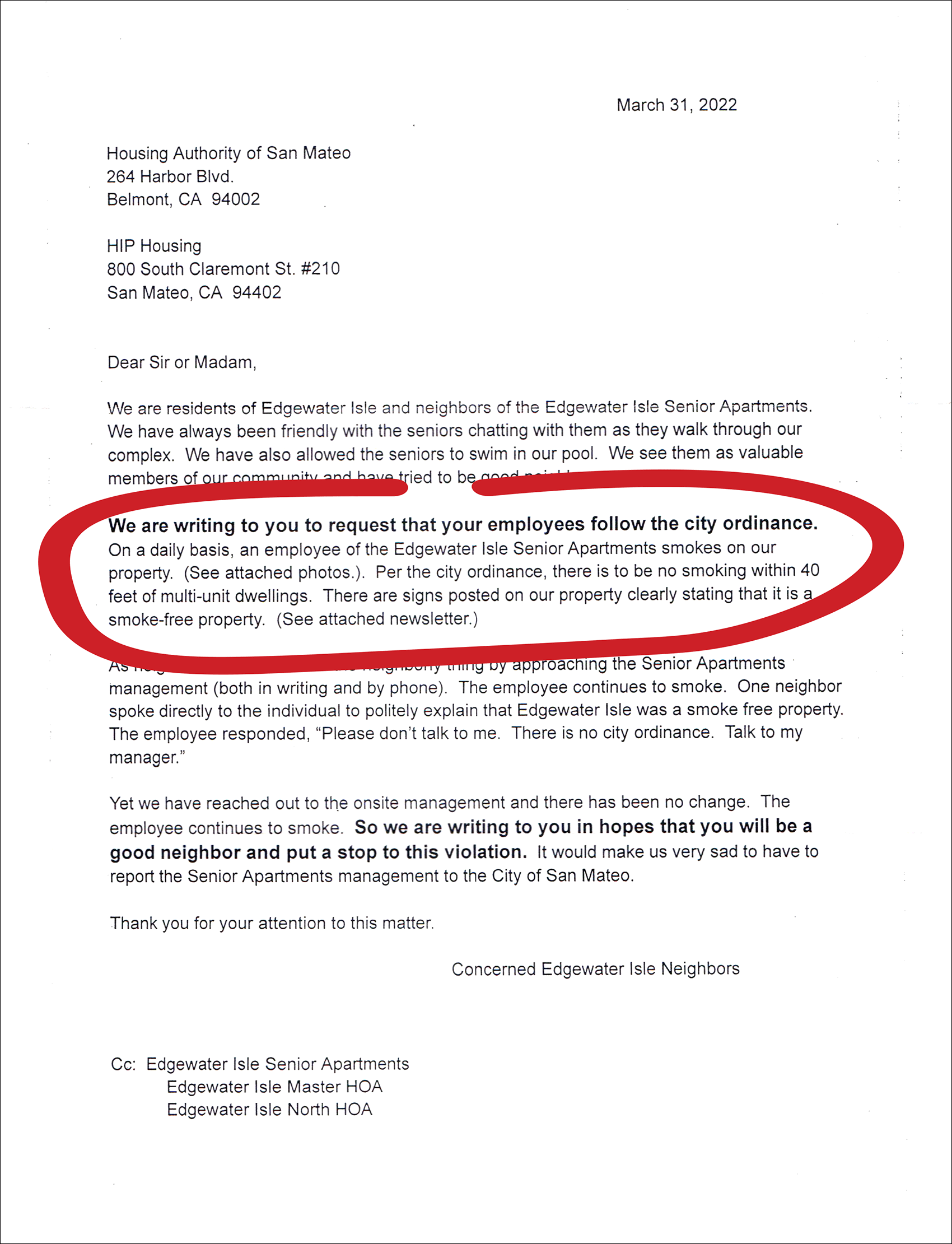 Letter written by Edgewater Isle residents sent to HIP Housing and Housing Authority regarding employee smoking on site