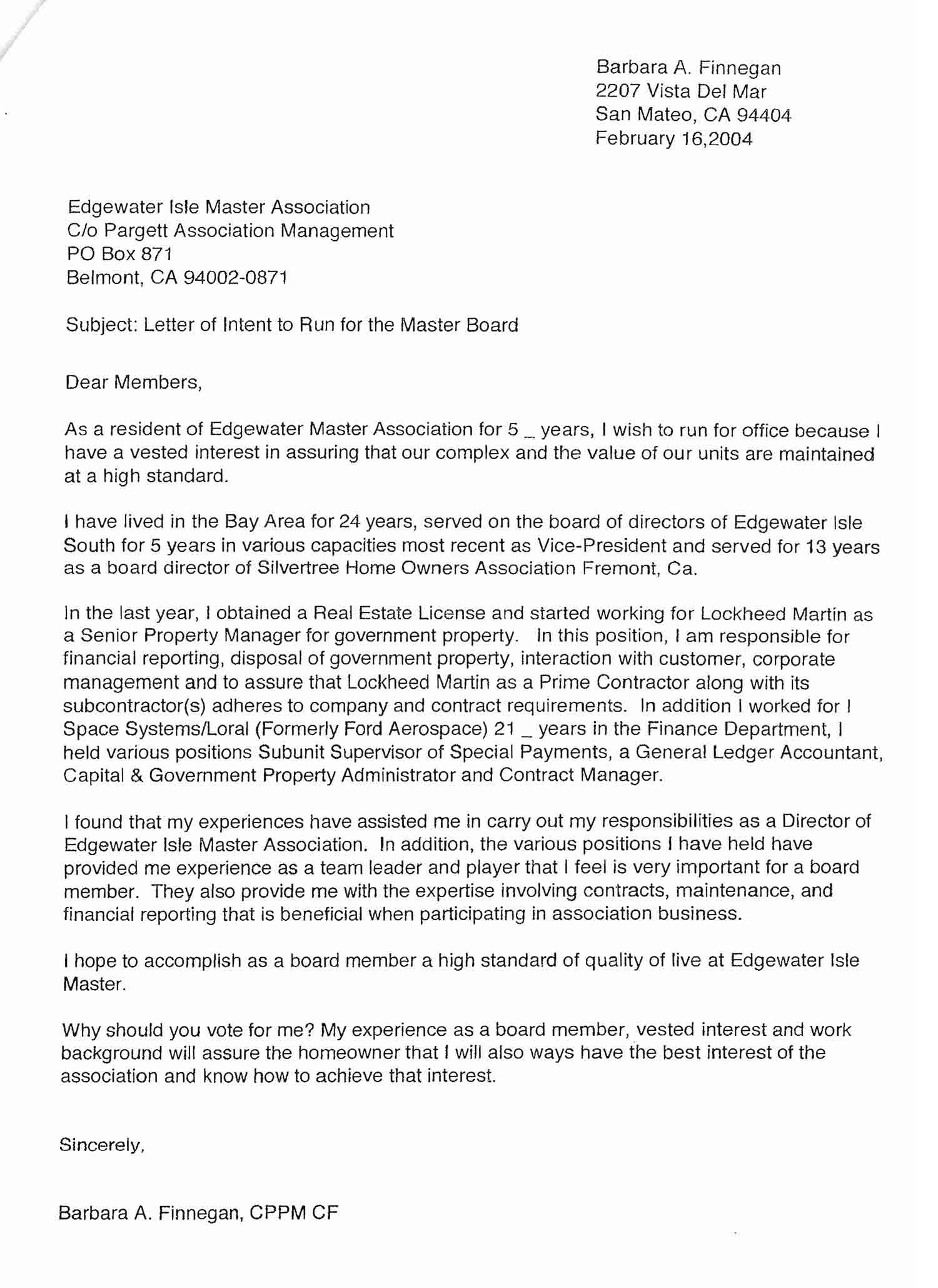 Barbara Finnegan candidate letter 2010