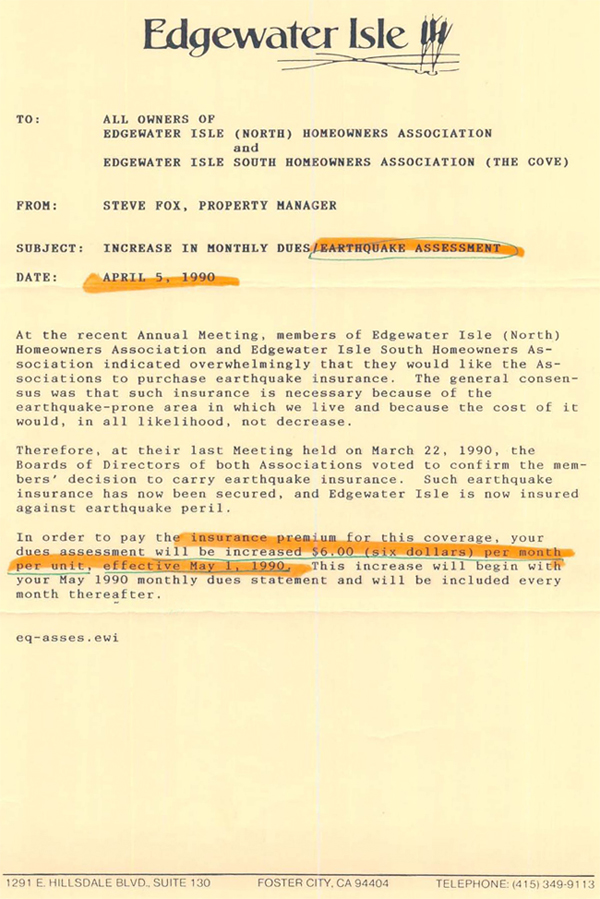 memo to homeowners explaining vote of earthquake insurance