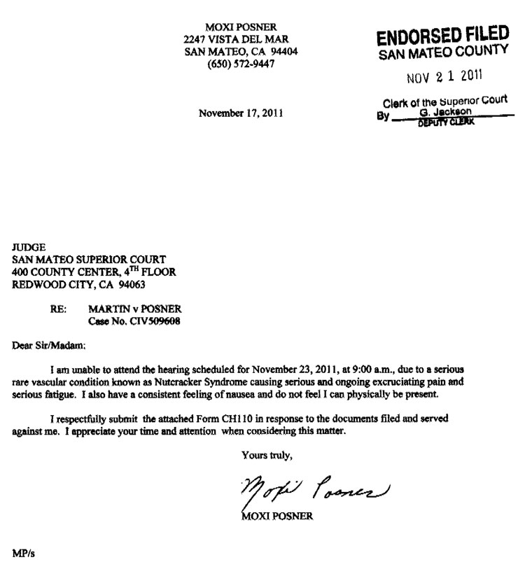Letter from Moxi Posner to Court: I have nutcracker syndrome and cannot make it to the restraining order hearing
