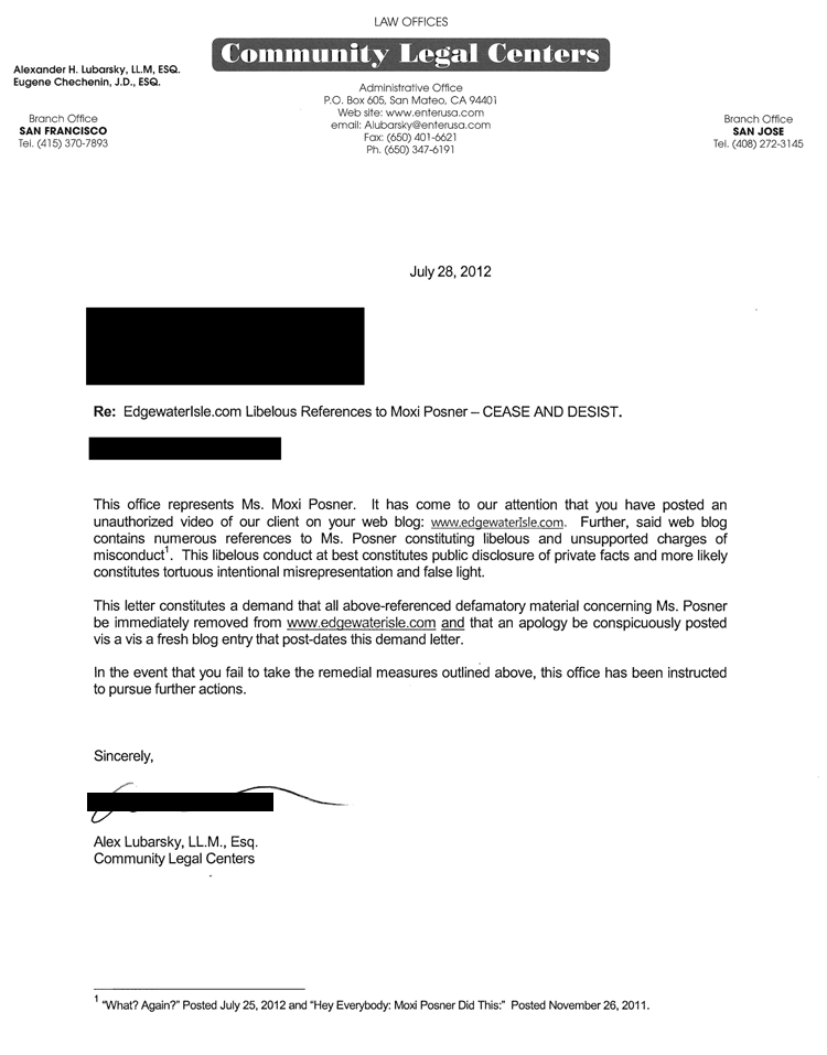 Alexander Lubarsky sends a "cease and desist" letter on behalf of Moxi Posner