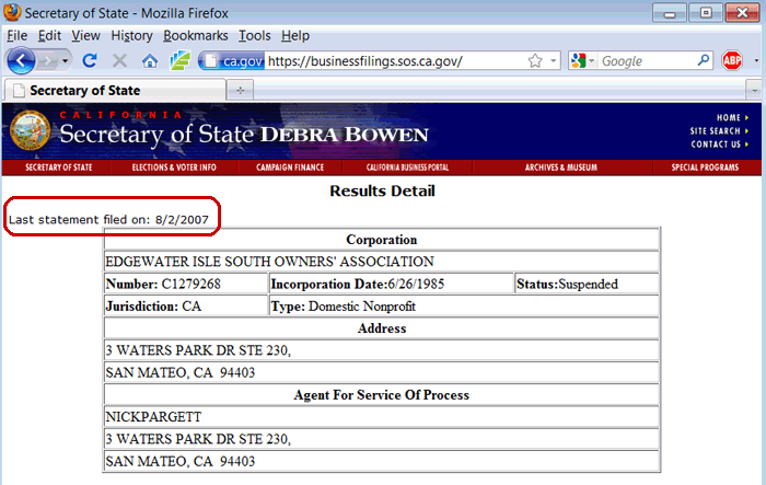 Edgewater Isle South failed to file a statement for nearly 3 years